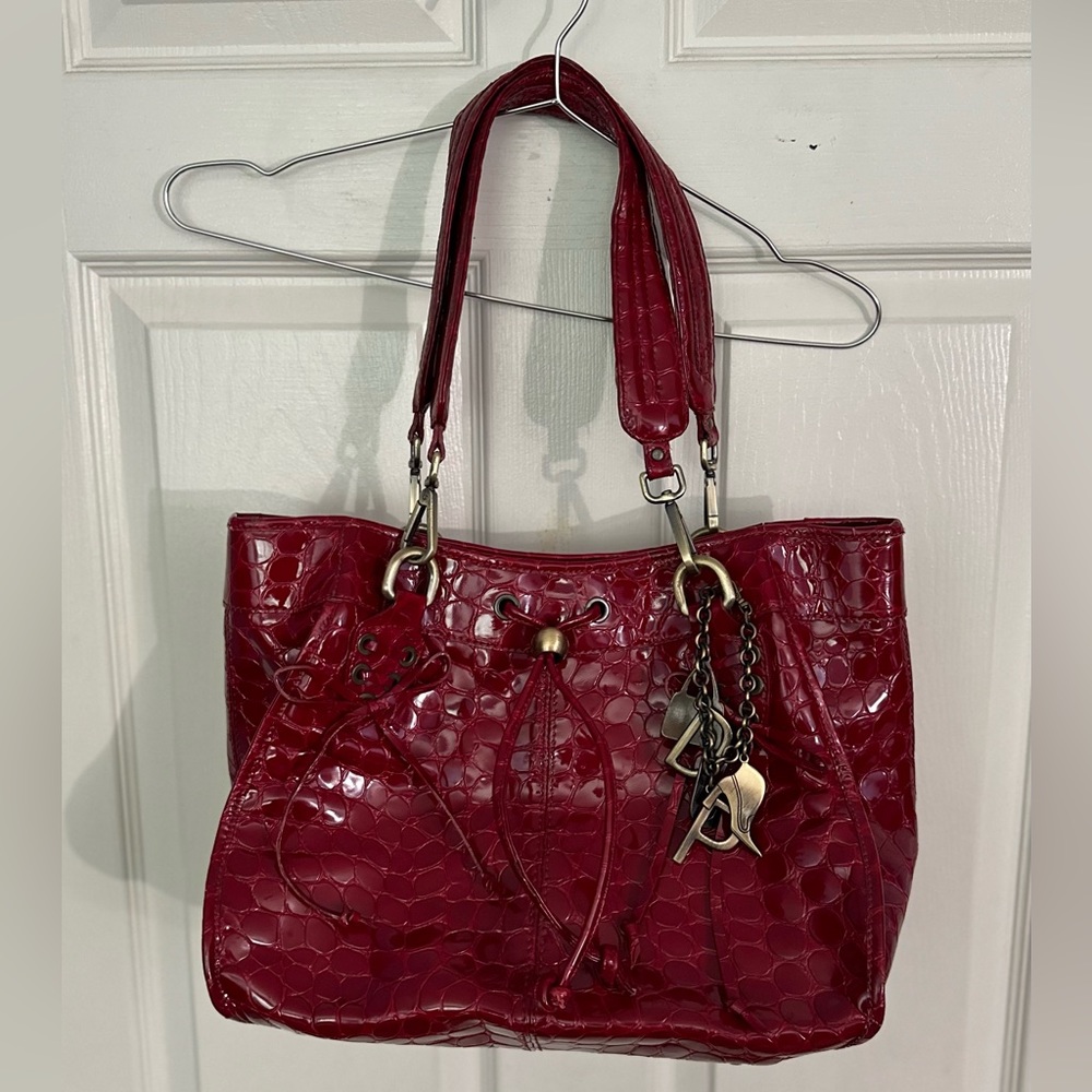 Donald J. Pliner Red Patent Leather Shoulder Bag Made in Italy Chain Charms EUC!
